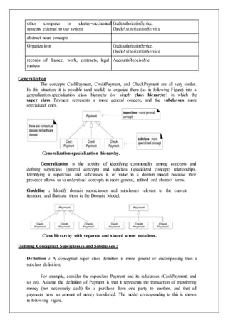 other computer or electro-mechanical
systems external to our system
CreditAuthorizationService,
CheckAuthorizationService
abstract noun concepts
Organizations CreditAuthorizationService,
CheckAuthorizationService
records of finance, work, contracts, legal
matters
AccountsReceivable
Generalization
The concepts CashPayment, CreditPayment, and CheckPayment are all very similar.
In this situation, it is possible (and useful) to organize them (as in following Figure) into a
generalization-specialization class hierarchy (or simply class hierarchy) in which the
super class Payment represents a more general concept, and the subclasses more
specialized ones.
Generalization-specialization hierarchy.
Generalization is the activity of identifying commonality among concepts and
defining superclass (general concept) and subclass (specialized concept) relationships.
Identifying a superclass and subclasses is of value in a domain model because their
presence allows us to understand concepts in more general, refined and abstract terms.
Guideline : Identify domain superclasses and subclasses relevant to the current
iteration, and illustrate them in the Domain Model.
Class hierarchy with separate and shared arrow notations.
Defining Conceptual Superclasses and Subclasses :
Definition : A conceptual super class definition is more general or encompassing than a
subclass definition.
For example, consider the superclass Payment and its subclasses (CashPayment, and
so on). Assume the definition of Payment is that it represents the transaction of transferring
money (not necessarily cash) for a purchase from one party to another, and that all
payments have an amount of money transferred. The model corresponding to this is shown
in following Figure.
 