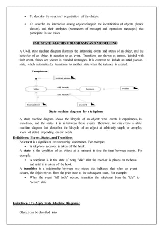  To describe the structural organization of the objects.
 To describe the interaction among objects.Support the identification of objects (hence
classes), and their attributes (parameters of message) and operations messages) that
participate in use cases
UML STATE MACHINE DIAGRAMS AND MODELLING
A UML state machine diagram illustrates the interesting events and states of an object, and the
behavior of an object in reaction to an event. Transitions are shown as arrows, labeled with
their event. States are shown in rounded rectangles. It is common to include an initial pseudo-
state, which automatically transitions to another state when the instance is created.
State machine diagram for a telephone
A state machine diagram shows the lifecycle of an object: what events it experiences, its
transitions, and the states it is in between these events. Therefore, we can create a state
machine diagram that describes the lifecycle of an object at arbitrarily simple or complex
levels of detail, depending on our needs
Definitions: Events, States, and Transitions
An event is a significant or noteworthy occurrence. For example:
 A telephone receiver is taken off the hook.
A state is the condition of an object at a moment in time the time between events. For
example:
 A telephone is in the state of being "idle" after the receiver is placed on thehook
and until it is taken off the hook.
A transition is a relationship between two states that indicates that when an event
occurs, the object moves from the prior state to the subsequent state. For example:
 When the event "off hook" occurs, transition the telephone from the "idle" to
"active" state.



Guidelines : To Apply State Machine Diagrams:
Object can be classified into
 