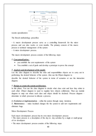 49
resents specialization
The Booch methodology prescribes
– A macro development process serve as a controlling framework for the micro
process and can take weeks or even months. The primary concern of the macro
process is technical management of the system
– A micro development process.
The macro development process consists of the following steps:
1. Conceptualization :
 you establish the core requirements of the system
 You establish a set of goals and develop a prototype to prove the concept
2. Analysis and development of the model.
Use the class diagram to describe the roles and responsibilities objects are to carry out in
performing the desired behavior of the system .Also use the Object diagram to
describe the desired behavior of the system in terms of scenarios or use the interaction
diagram.
3. Design or create the system architecture.
In this phase, You use the class diagram to decide what class exist and how they relate to
each other .Object diagram to used to regulate how objects collaborate. Then use module
diagram to map out where each class and object should be declared. Process diagram –
determine to which processor to allocate a process.
4. Evolution or implementation. – refine the system through many iterations
5. Maintenance. - make localized changes the the system to add new requirements and
eliminate bugs.
Micro Development Process
Each macro development process has its own micro development process
• The micro process is a description of the day to- day activities by a single or small group
of s/w developers
• The micro development process consists of the following steps:
 