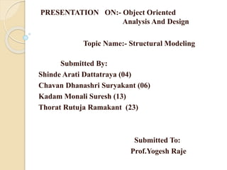 PRESENTATION ON:- Object Oriented
Analysis And Design
Topic Name:- Structural Modeling
Submitted By:
Shinde Arati Dattatraya (04)
Chavan Dhanashri Suryakant (06)
Kadam Monali Suresh (13)
Thorat Rutuja Ramakant (23)
Submitted To:
Prof.Yogesh Raje
 
