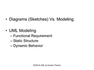 Diagrams (Sketches) Vs. Modeling UML Modeling Functional Requirement Static Structure Dynamic Behavior 