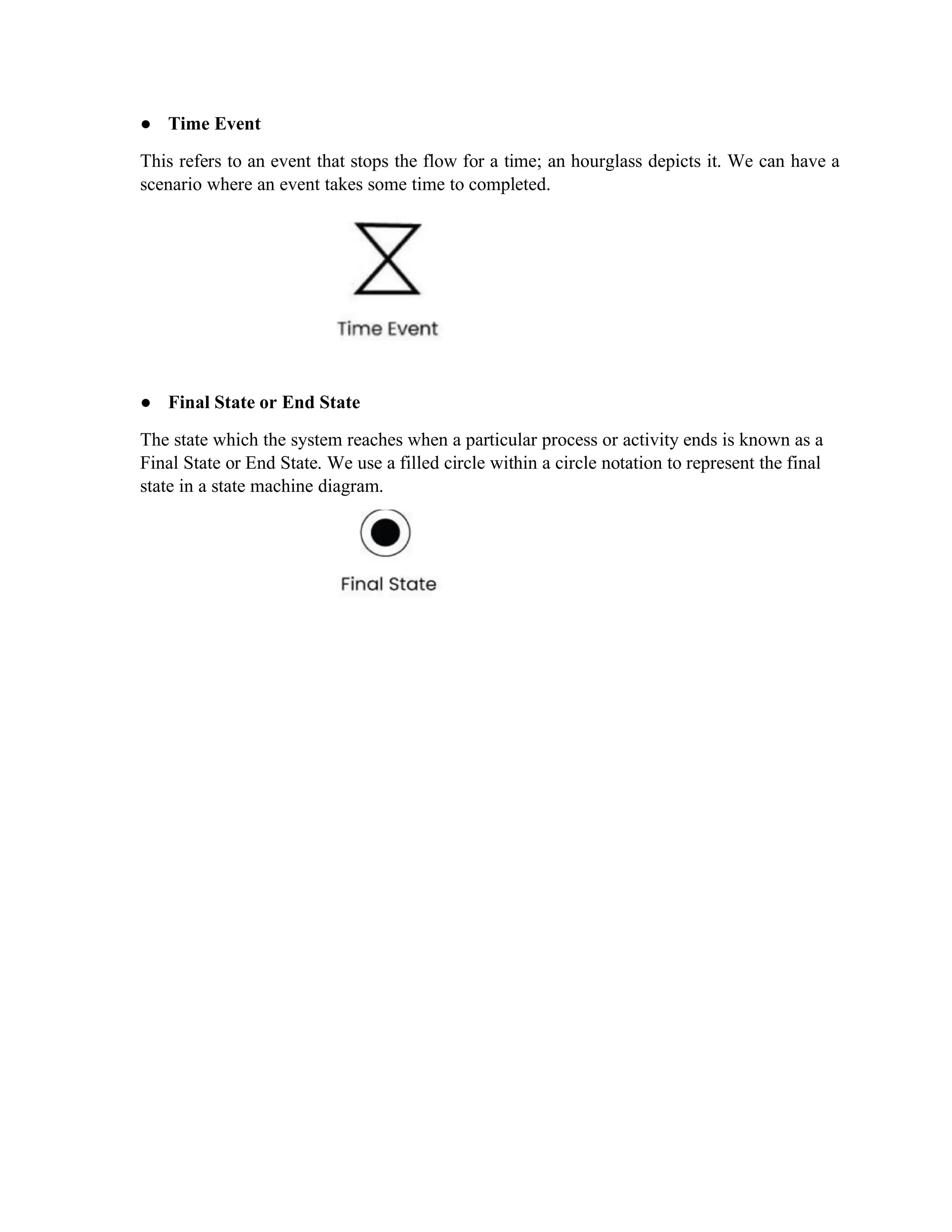 ● Time Event
This refers to an event that stops the flow for a time; an hourglass depicts it. We can have a
scenario where an event takes some time to completed.
● Final State or End State
The state which the system reaches when a particular process or activity ends is known as a
Final State or End State. We use a filled circle within a circle notation to represent the final
state in a state machine diagram.
 