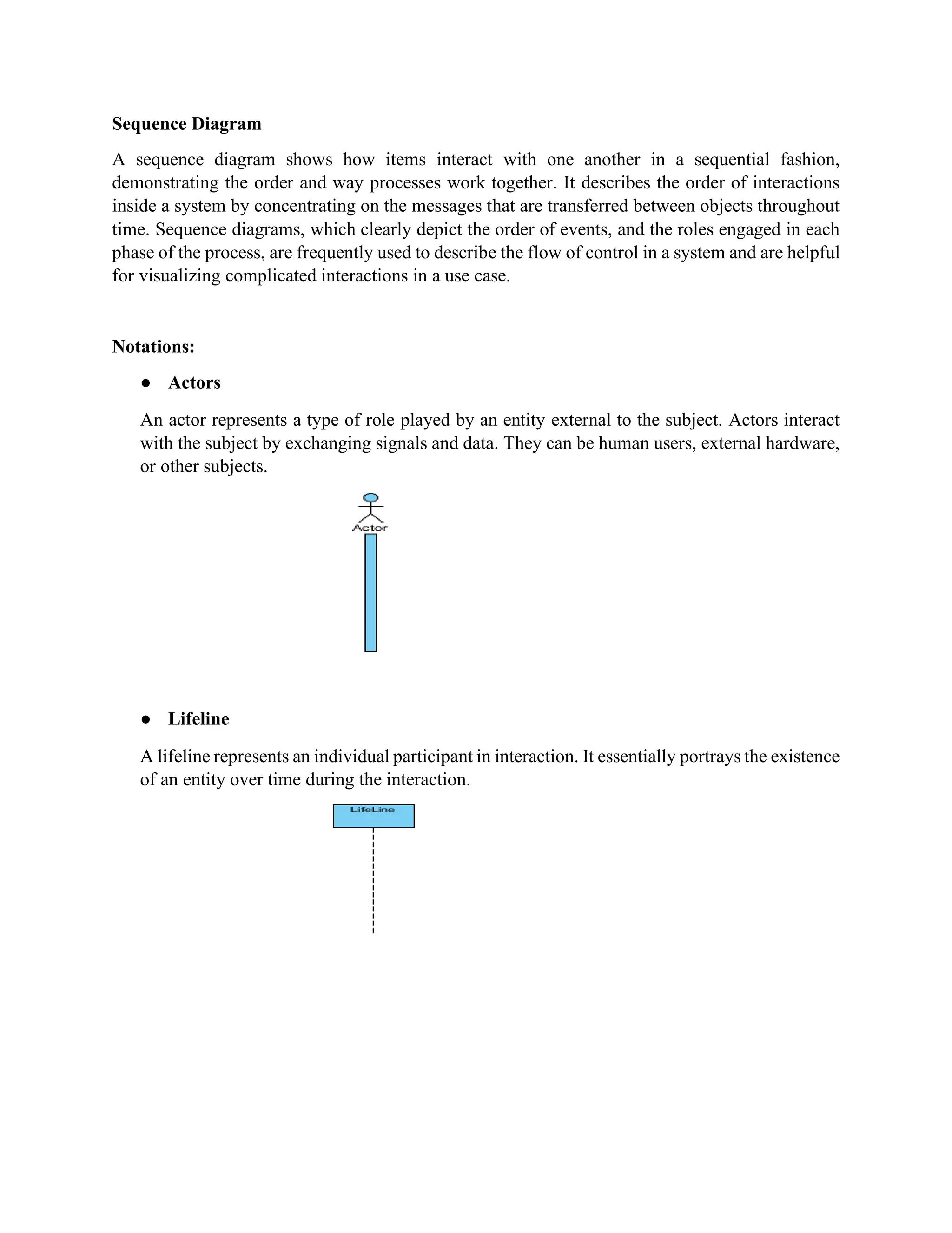 Sequence Diagram
A sequence diagram shows how items interact with one another in a sequential fashion,
demonstrating the order and way processes work together. It describes the order of interactions
inside a system by concentrating on the messages that are transferred between objects throughout
time. Sequence diagrams, which clearly depict the order of events, and the roles engaged in each
phase of the process, are frequently used to describe the flow of control in a system and are helpful
for visualizing complicated interactions in a use case.
Notations:
● Actors
An actor represents a type of role played by an entity external to the subject. Actors interact
with the subject by exchanging signals and data. They can be human users, external hardware,
or other subjects.
● Lifeline
A lifeline represents an individual participant in interaction. It essentially portrays the existence
of an entity over time during the interaction.
 