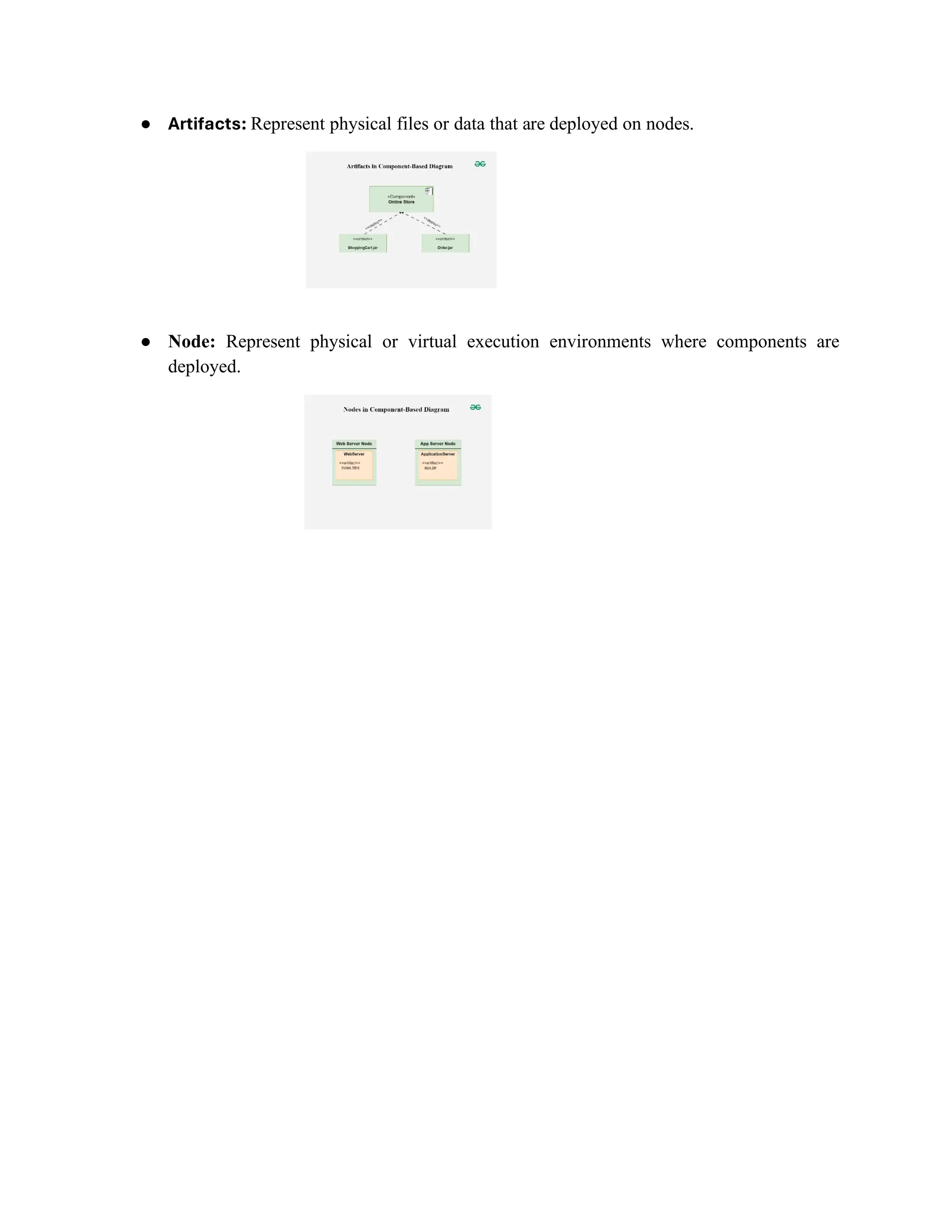 ● Artifacts: Represent physical files or data that are deployed on nodes.
● Node: Represent physical or virtual execution environments where components are
deployed.
 