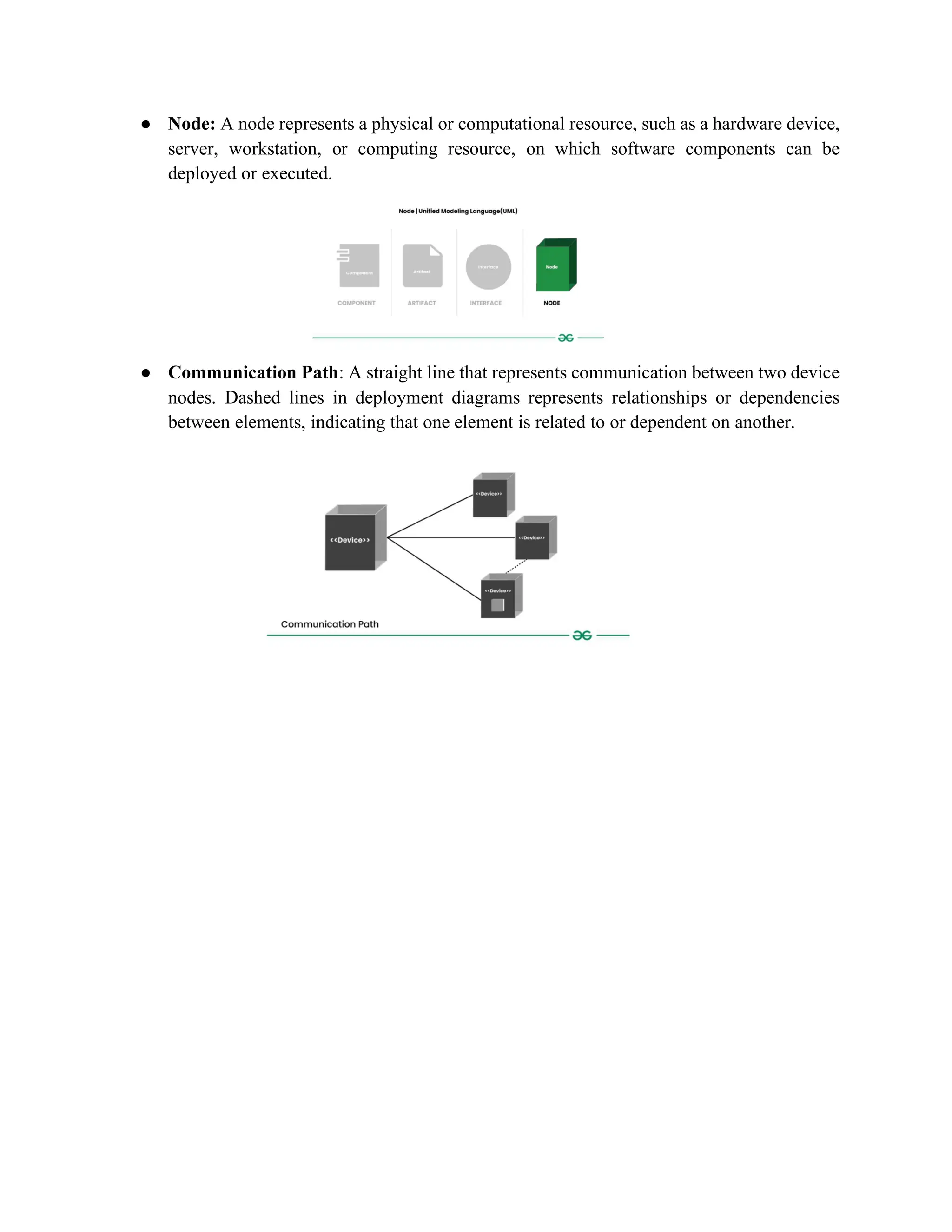 ● Node: A node represents a physical or computational resource, such as a hardware device,
server, workstation, or computing resource, on which software components can be
deployed or executed.
● Communication Path: A straight line that represents communication between two device
nodes. Dashed lines in deployment diagrams represents relationships or dependencies
between elements, indicating that one element is related to or dependent on another.
 