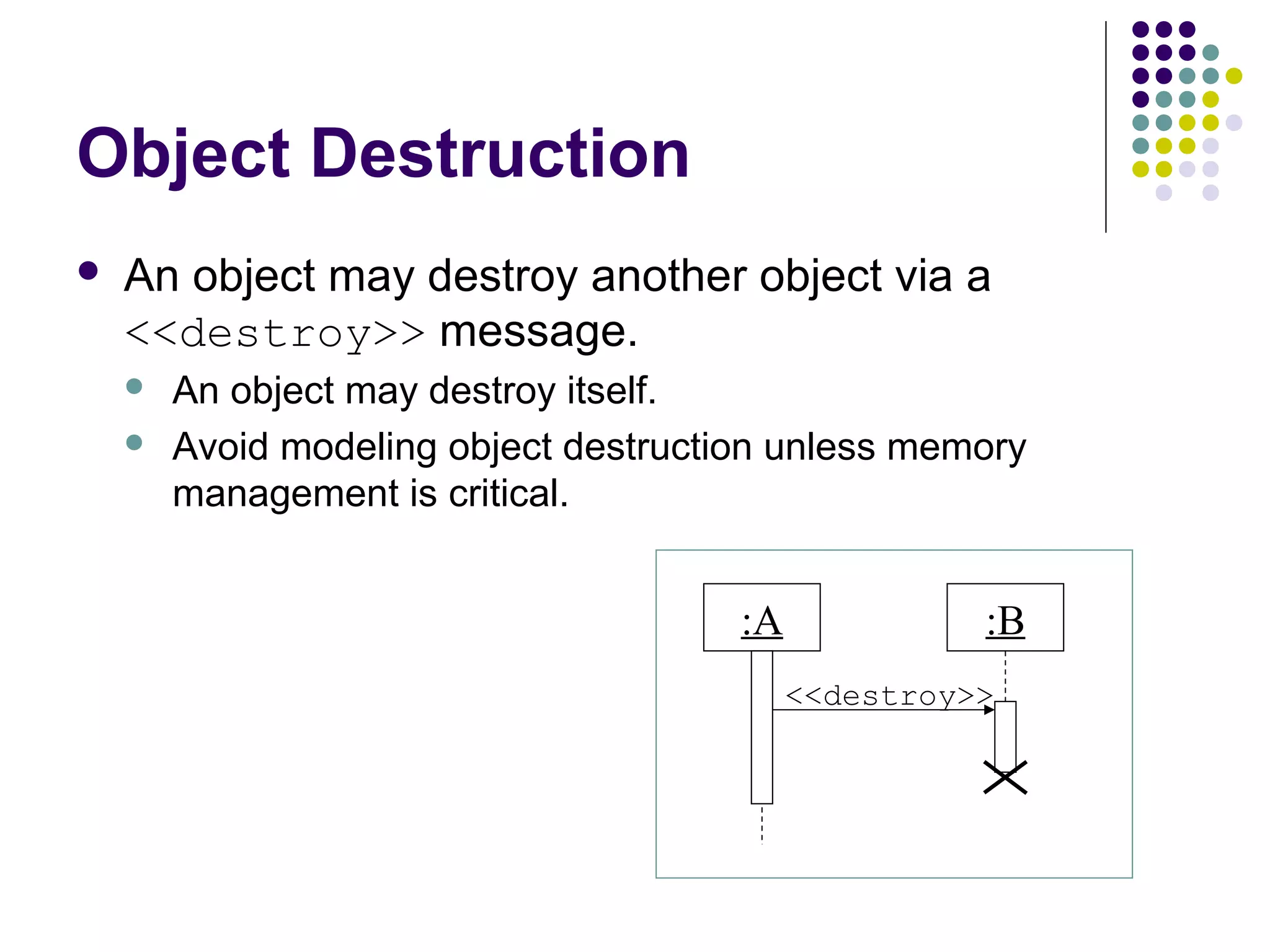 Object Destruction
   An object may destroy another object via a
    <<destroy>> message.
       An object may destroy itself.
       Avoid modeling object destruction unless memory
        management is critical.


                                       :A             :B
                                            <<destroy>>
 