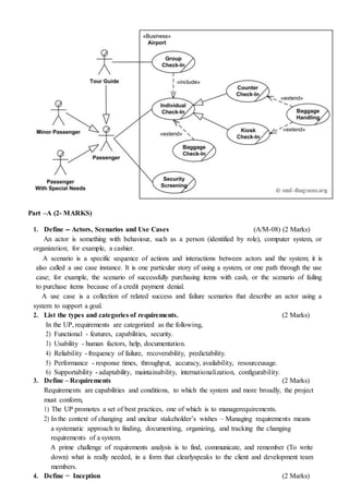 Part –A (2- MARKS)
1. Define -- Actors, Scenarios and Use Cases (A/M-08) (2 Marks)
An actor is something with behaviour, such as a person (identified by role), computer system, or
organization; for example, a cashier.
A scenario is a specific sequence of actions and interactions between actors and the system; it is
also called a use case instance. It is one particular story of using a system, or one path through the use
case; for example, the scenario of successfully purchasing items with cash, or the scenario of failing
to purchase items because of a credit payment denial.
A use case is a collection of related success and failure scenarios that describe an actor using a
system to support a goal.
2. List the types and categories of requirements. (2 Marks)
In the UP, requirements are categorized as the following,
2) Functional - features, capabilities, security.
3) Usability - human factors, help, documentation.
4) Reliability - frequency of failure, recoverability, predictability.
5) Performance - response times, throughput, accuracy, availability, resourceusage.
6) Supportability - adaptability, maintainability, internationalization, configurability.
3. Define – Requirements (2 Marks)
Requirements are capabilities and conditions, to which the system and more broadly, the project
must conform,
1) The UP promotes a set of best practices, one of which is to managerequirements.
2) In the context of changing and unclear stakeholder’s wishes – Managing requirements means
a systematic approach to finding, documenting, organizing, and tracking the changing
requirements of a system.
A prime challenge of requirements analysis is to find, communicate, and remember (To write
down) what is really needed, in a form that clearlyspeaks to the client and development team
members.
4. Define − Inception (2 Marks)
 