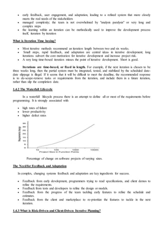  early feedback, user engagement, and adaptation, leading to a refined system that more closely
meets the real needs of the stakeholders
 managed complexity; the team is not overwhelmed by "analysis paralysis" or very long and
complex steps
 the learning within an iteration can be methodically used to improve the development process
itself, iteration by iteration
What is Iteration Time boxing?
 Most iterative methods recommend an iteration length between two and six weeks.
 Small steps, rapid feedback, and adaptation are central ideas in iterative development; long
iterations subvert the core motivation for iterative development and increase project risk.
 A very long time-boxed iteration misses the point of iterative development. Short is good.
Iterations are time-boxed, or fixed in length. For example, if the next iteration is chosen to be
three weeks long, then the partial system must be integrated, tested, and stabilized by the scheduled date-
date slippage is illegal. If it seems that it will be difficult to meet the deadline, the recommended response
is to de-scope-remove tasks or requirements from the iteration, and include them in a future iteration,
rather than slip the completion date.
1.4.2 The Waterfall Lifecycle
In a waterfall lifecycle process there is an attempt to define all or most of the requirements before
programming. It is strongly associated with
 high rates of failure
 lower productivity
 higher defect rates
Percentage of change on software projects of varying sizes.
The Needfor Feedback and Adaptation
In complex, changing systems feedback and adaptation are key ingredients for success.
 Feedback from early development, programmers trying to read specifications, and client demos to
refine the requirements.
 Feedback from tests and developers to refine the design or models.
 Feedback from the progress of the team tackling early features to refine the schedule and
estimates.
 Feedback from the client and marketplace to re-prioritize the features to tackle in the next
iteration.
1.4.3 What is Risk-Driven and Client-Driven Iterative Planning?
 