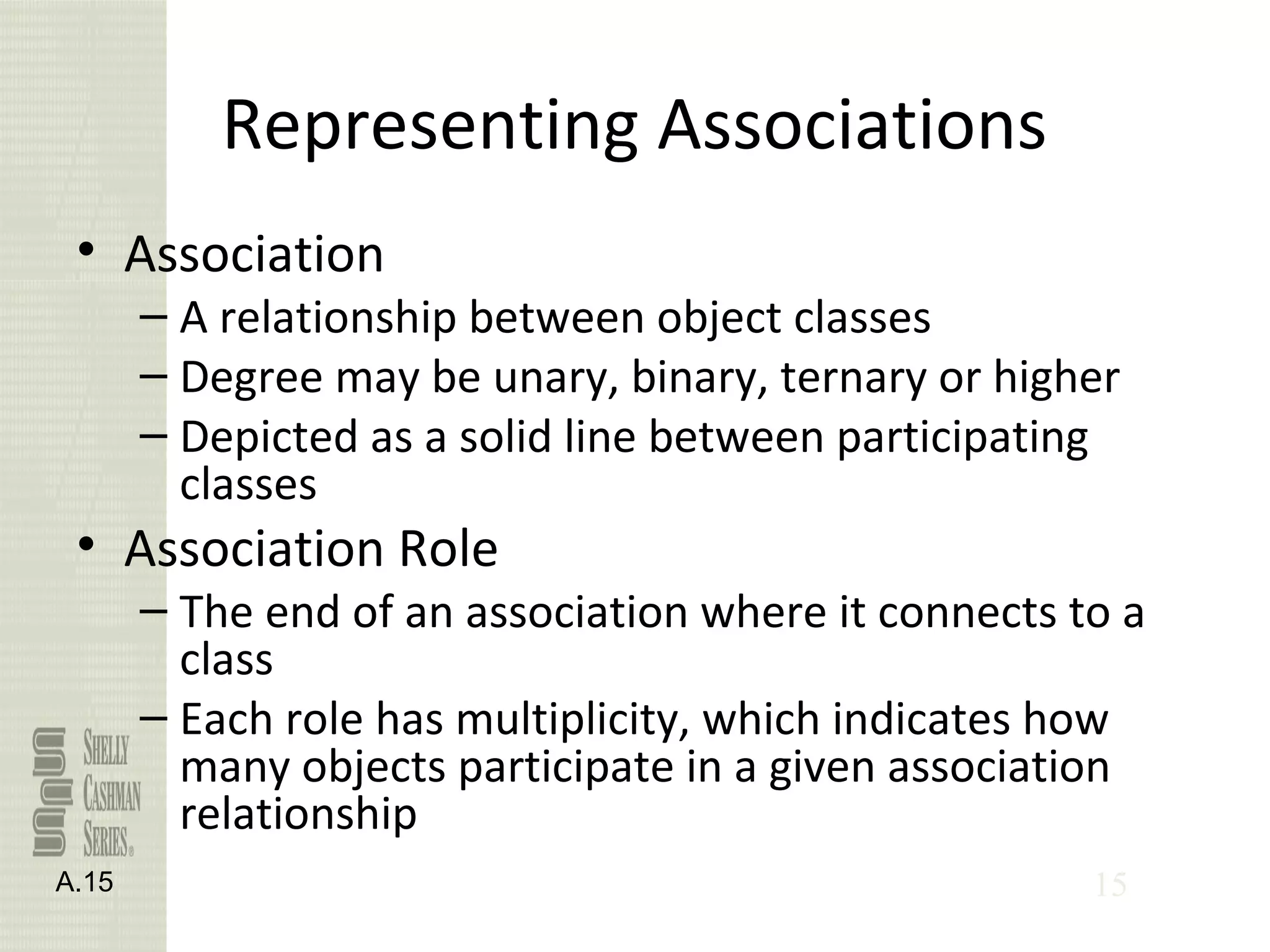 15
Representing Associations
• Association
– A relationship between object classes
– Degree may be unary, binary, ternary or higher
– Depicted as a solid line between participating
classes
• Association Role
– The end of an association where it connects to a
class
– Each role has multiplicity, which indicates how
many objects participate in a given association
relationship
A.15
 