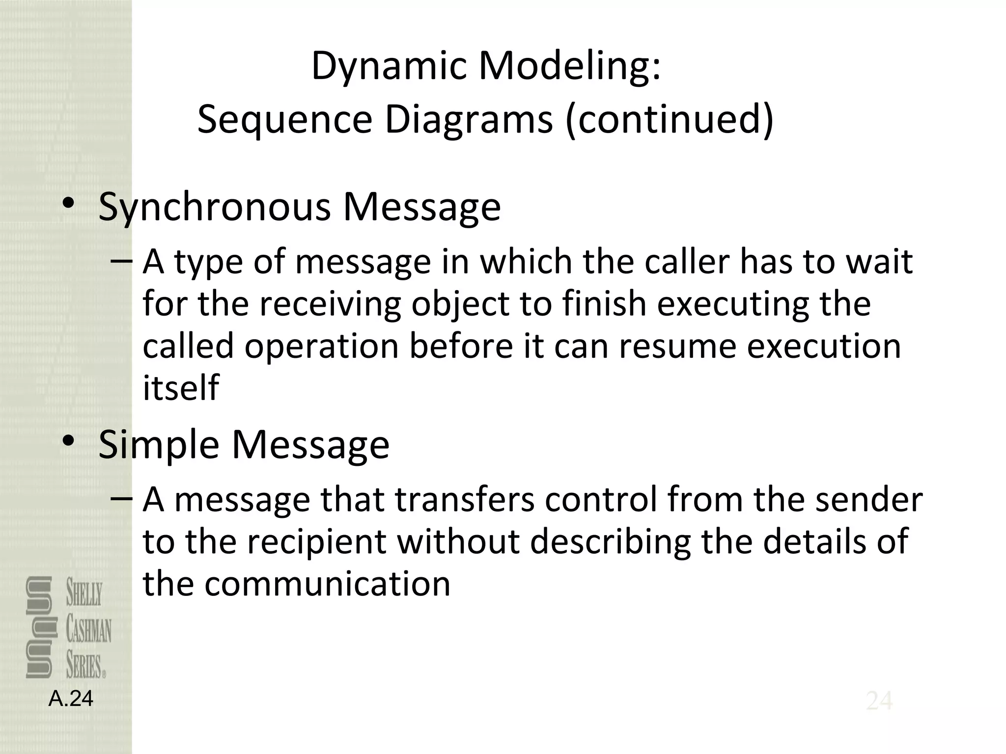 24
Dynamic Modeling:
Sequence Diagrams (continued)
• Synchronous Message
– A type of message in which the caller has to wait
for the receiving object to finish executing the
called operation before it can resume execution
itself
• Simple Message
– A message that transfers control from the sender
to the recipient without describing the details of
the communication
A.24
 