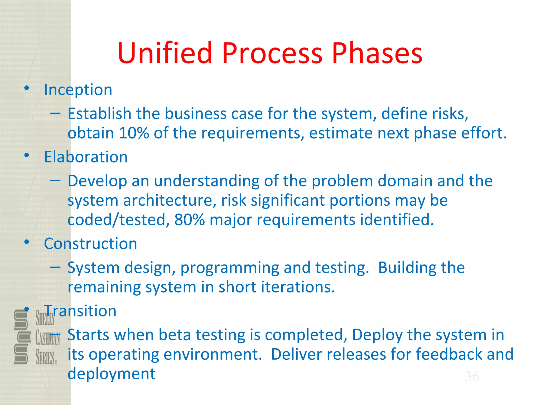 36
Unified Process Phases
• Inception
– Establish the business case for the system, define risks,
obtain 10% of the requirements, estimate next phase effort.
• Elaboration
– Develop an understanding of the problem domain and the
system architecture, risk significant portions may be
coded/tested, 80% major requirements identified.
• Construction
– System design, programming and testing. Building the
remaining system in short iterations.
• Transition
– Starts when beta testing is completed, Deploy the system in
its operating environment. Deliver releases for feedback and
deployment
 