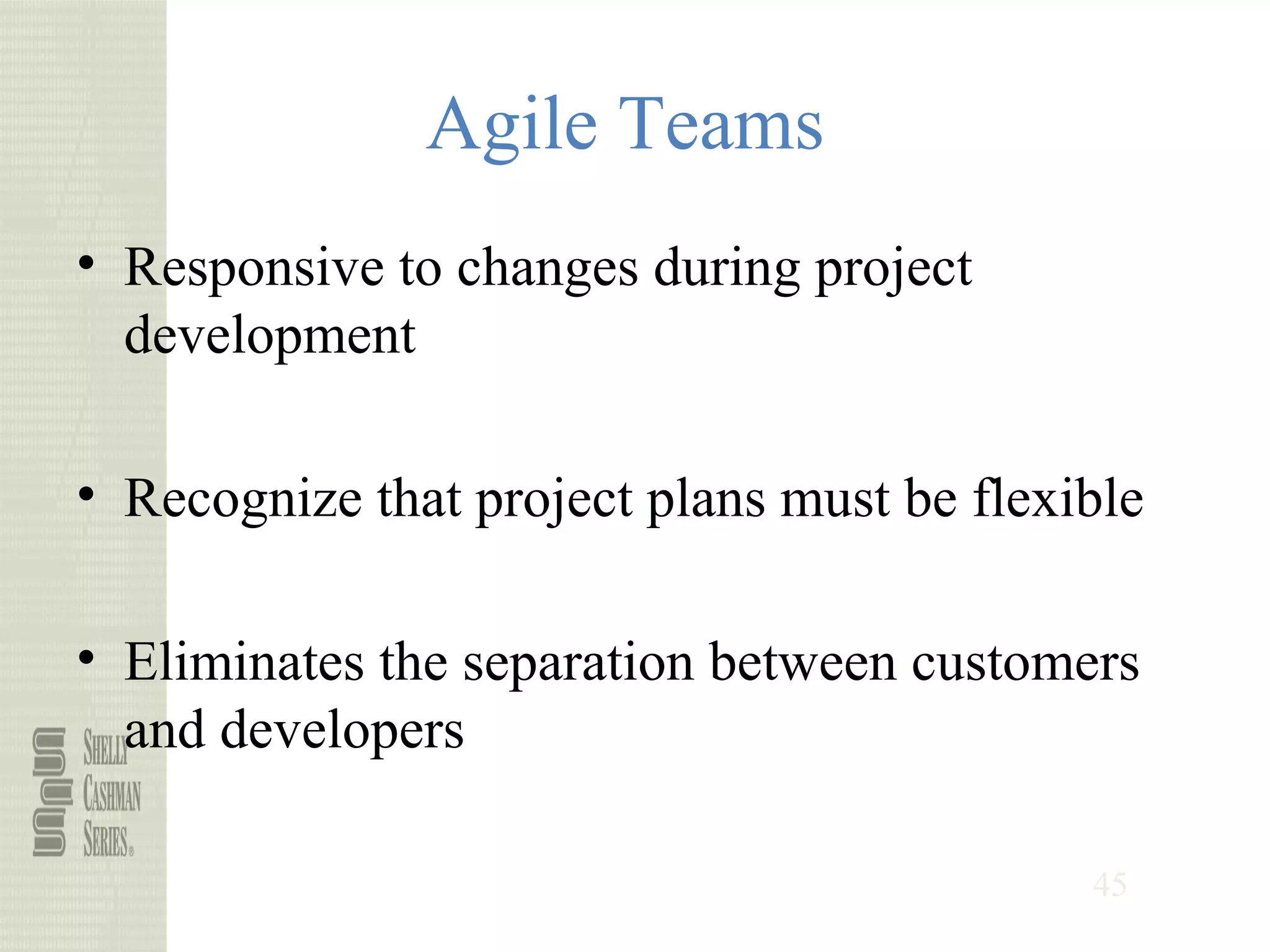 45
Agile Teams
• Responsive to changes during project
development
• Recognize that project plans must be flexible
• Eliminates the separation between customers
and developers
 