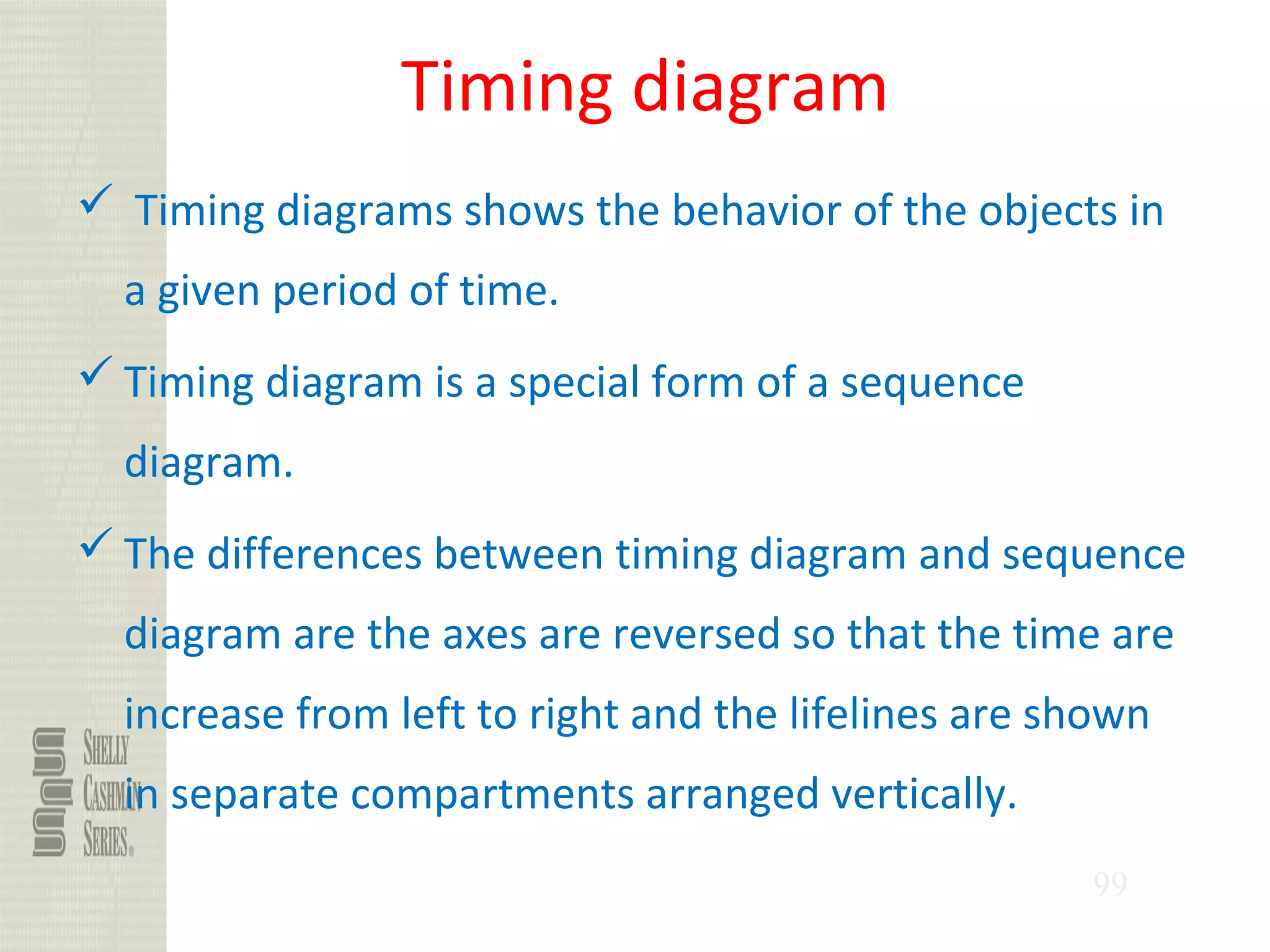 99
Timing diagram
 Timing diagrams shows the behavior of the objects in
a given period of time.
 Timing diagram is a special form of a sequence
diagram.
 The differences between timing diagram and sequence
diagram are the axes are reversed so that the time are
increase from left to right and the lifelines are shown
in separate compartments arranged vertically.
 