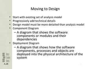 26
Moving to Design
• Start with existing set of analysis model
• Progressively add technical details
• Design model must be more detailed than analysis model
• Component Diagram
– A diagram that shows the software
components or modules and their
dependencies
• Deployment Diagram
– A diagram that shows how the software
components, processes and objects are
deployed into the physical architecture of the
system
A.26
 