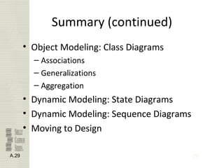 29
Summary (continued)
• Object Modeling: Class Diagrams
– Associations
– Generalizations
– Aggregation
• Dynamic Modeling: State Diagrams
• Dynamic Modeling: Sequence Diagrams
• Moving to Design
A.29
 