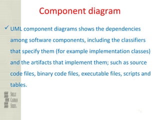 76
Component diagram
UML component diagrams shows the dependencies
among software components, including the classifiers
that specify them (for example implementation classes)
and the artifacts that implement them; such as source
code files, binary code files, executable files, scripts and
tables.
 