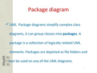 83
Package diagram
UML Package diagrams simplify complex class
diagrams, it can group classes into packages. A
package is a collection of logically related UML
elements. Packages are depicted as file folders and
can be used on any of the UML diagrams.
 