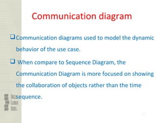 95
Communication diagram
Communication diagrams used to model the dynamic
behavior of the use case.
 When compare to Sequence Diagram, the
Communication Diagram is more focused on showing
the collaboration of objects rather than the time
sequence.
 
