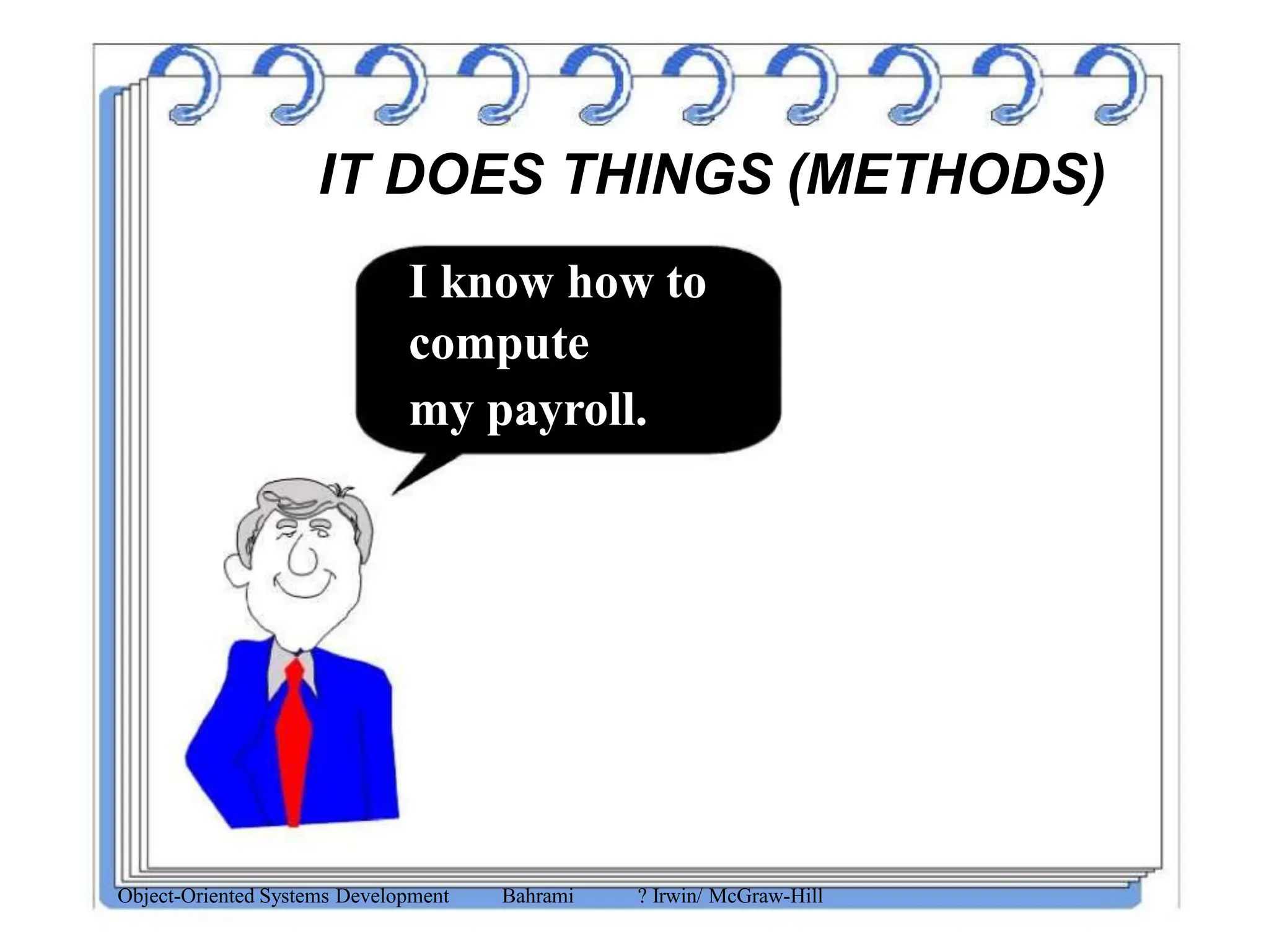 IT DOES THINGS (METHODS)
I know how to
compute
my payroll.
Object-Oriented Systems Development Bahrami ? Irwin/ McGraw-Hill
 