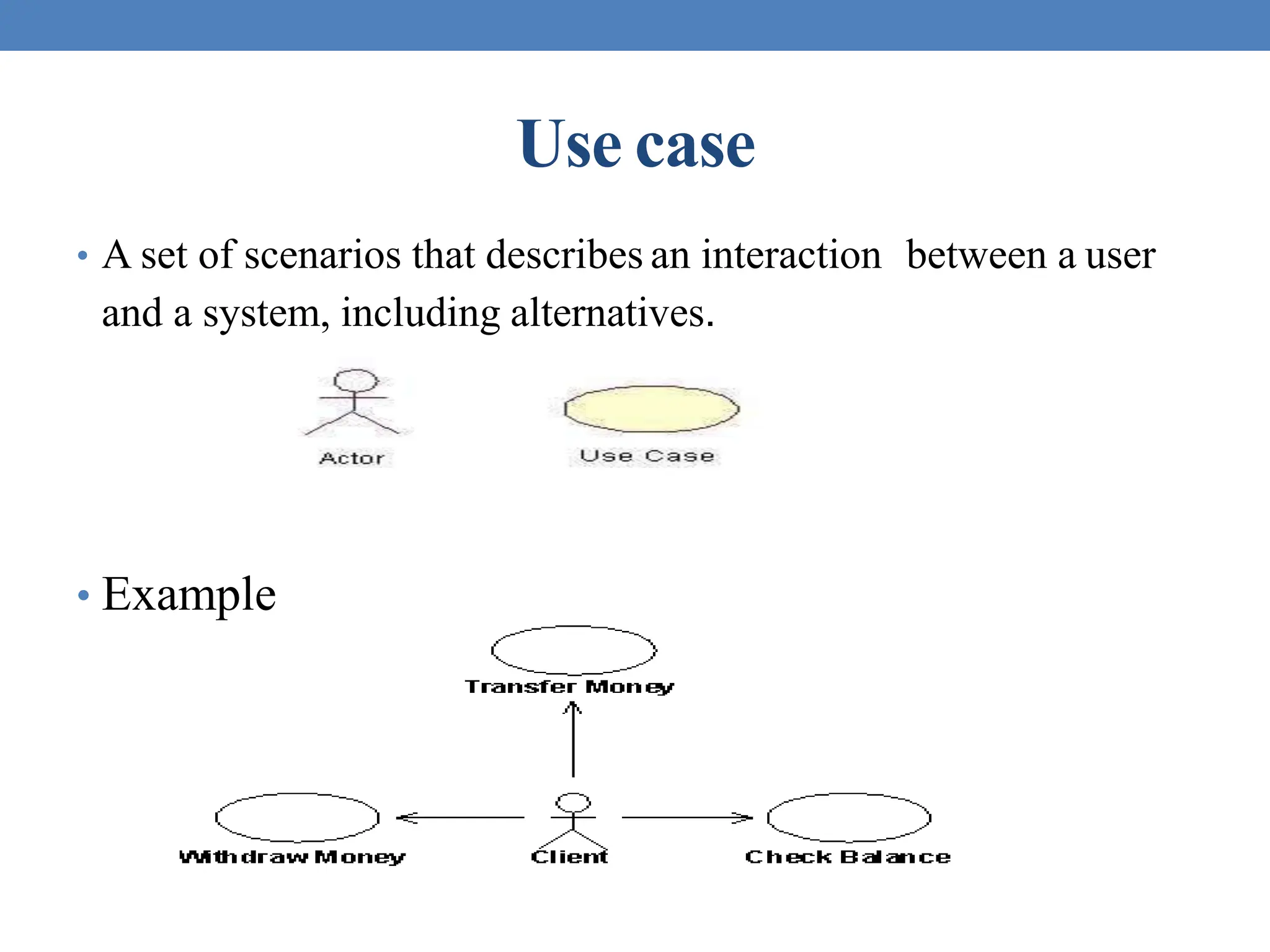 Use case
• A set of scenarios that describes an interaction between a user
and a system, including alternatives.
• Example
 