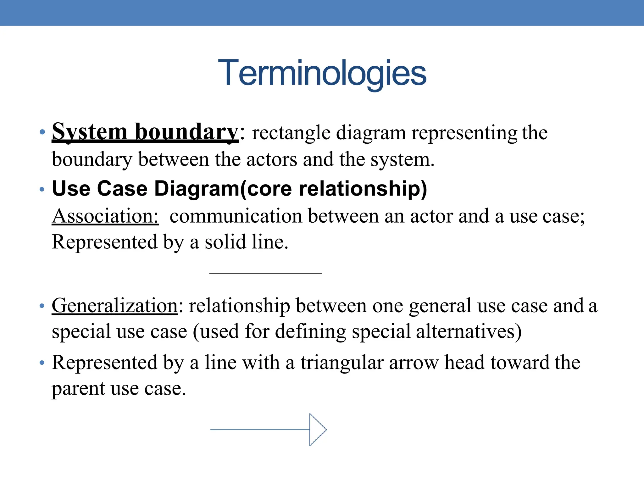 Terminologies
• System boundary: rectangle diagram representing the
boundary between the actors and the system.
• Use Case Diagram(core relationship)
Association: communication between an actor and a use case;
Represented by a solid line.
• Generalization: relationship between one general use case and a
special use case (used for defining special alternatives)
• Represented by a line with a triangular arrow head toward the
parent use case.
 