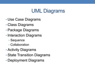 UML Diagrams
• Use Case Diagrams
• Class Diagrams
• Package Diagrams
• Interaction Diagrams
• Sequence
• Collaboration
• Activity Diagrams
• State Transition Diagrams
• Deployment Diagrams
 