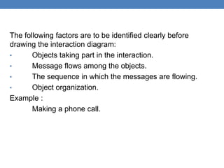 The following factors are to be identified clearly before
drawing the interaction diagram:
• Objects taking part in the interaction.
• Message flows among the objects.
• The sequence in which the messages are flowing.
• Object organization.
Example :
Making a phone call.
 