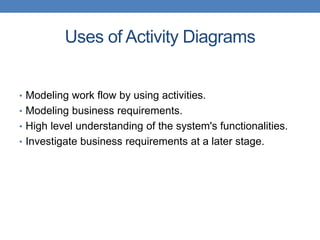 Uses of Activity Diagrams
• Modeling work flow by using activities.
• Modeling business requirements.
• High level understanding of the system's functionalities.
• Investigate business requirements at a later stage.
 