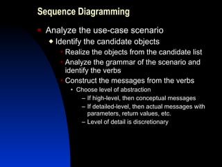 Sequence Diagramming Analyze the use-case scenario Identify the candidate objects Realize the objects from the candidate list Analyze the grammar of the scenario and identify the verbs Construct the messages from the verbs Choose level of abstraction If high-level, then conceptual messages If detailed-level, then actual messages with parameters, return values, etc. Level of detail is discretionary 