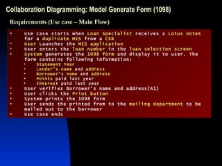 Collaboration Diagramming: Model Generate Form (1098) Use case starts when  Loan Specialist  receives a  Lotus notes  for a  duplicate MIS  from a  CSR User  Launches the  MIS application User enters the  loan number  in the  loan selection screen System  generates the  1098 form  and display it to user. The form contains following information: Statement Year Lender’s name  and  address Borrower’s name  and  address Points  paid last year Interest  paid last year User verifies Borrower’s name and address(A1) User clicks the  Print button System prints the 1098 form User sends the printed from to the  mailing department  to be mailed out to the borrower Use case ends Requirements (Use case – Main Flow) 