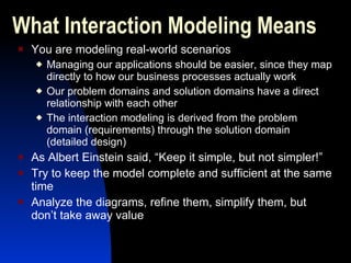 What Interaction Modeling Means You are modeling real-world scenarios Managing our applications should be easier, since they map directly to how our business processes actually work Our problem domains and solution domains have a direct relationship with each other The interaction modeling is derived from the problem domain (requirements) through the solution domain (detailed design) As Albert Einstein said, “Keep it simple, but not simpler!” Try to keep the model complete and sufficient at the same time Analyze the diagrams, refine them, simplify them, but don’t take away value 