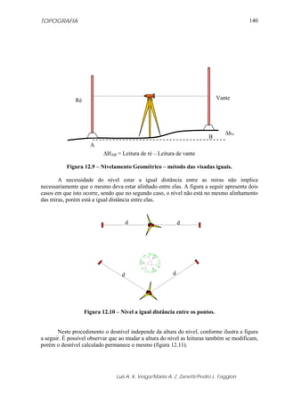 TOPOGRAFIA
Luis A. K. Veiga/Maria A. Z. Zanetti/Pedro L. Faggion
140
ΔHAB = Leitura de ré – Leitura de vante
Figura 12.9 – Nivelamento Geométrico – método das visadas iguais.
A necessidade do nível estar a igual distância entre as miras não implica
necessariamente que o mesmo deva estar alinhado entre elas. A figura a seguir apresenta dois
casos em que isto ocorre, sendo que no segundo caso, o nível não está no mesmo alinhamento
das miras, porém está a igual distância entre elas.
Figura 12.10 – Nível a igual distância entre os pontos.
Neste procedimento o desnível independe da altura do nível, conforme ilustra a figura
a seguir. É possível observar que ao mudar a altura do nível as leituras também se modificam,
porém o desnível calculado permanece o mesmo (figura 12.11).
d d
dd
A
Ré Vante
B
ΔhA
 