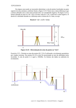 TOPOGRAFIA
Luis A. K. Veiga/Maria A. Z. Zanetti/Pedro L. Faggion
158
Em alguns casos pode ser necessário determinar a cota de pontos localizados na parte
superior de uma estrutura, conforme ilustra a figura 12.32. Neste caso a única diferença é que
a leitura efetuada com a mira nesta posição deve ser considerada negativa. Na figura 12.32 a
leitura efetuada na mira ré é de 1,5m e na mira vante de 1,7m, a qual terá o sinal negativo. O
desnível é calculado fazendo-se a diferença entre a leitura de ré e vante, ou seja:
Desnível = 1,5 – (-1,7) = 3,2 m
Figura 12.32 – Determinação de cotas de pontos no “teto”.
Exercício 12.5 - Calcular as cotas dos pontos B, C, D e E utilizando o nivelamento geométrico
por visadas extremas. Nos pontos B e D a mira foi posicionada no teto da edificação (mira
invertida). A cota do ponto A é igual a 100,00m. As leituras são dadas na caderneta do
nivelamento.
A
(referência)
B
C
D
E
A
ΔHAB
B
Mira Ré
Mira Vante
L
L
 