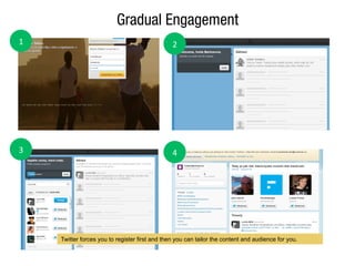 Gradual Engagement
1	
 ? 2	
 ?
3	
 ? 4	
 ?
Twitter forces you to register first and then you can tailor the content and audience for you.
 