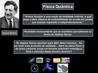 Física Quântica

                 "Somos levados a uma noção de totalidade indivisa, a qual
                nega a ideia clássica da analisabilidade do mundo em partes
                       que existam separada e independentemente."


                Realidade transcendente que se manifesta parcialmente na
David Bohm
                                forma de objetos físicos.


         Os objetos físicos apontam para além deles mesmos... Há
        um nível mais profundo de realidade... Além do plano físico e
         do plano corpóreo surge um terceiro substrato ontológico:
                  Qual a natureza desse terceiro domínio?
 