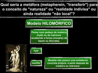 Qual seria a metáfora (metapherein, "transferir") para
 o conceito de "natureza" ou "realidade indivisa" ou
             ainda realidade "não local"?

              Modelo HILOMÓRFICO

                 Pense num pedaço de madeira
                      (hylé) ou de mármore
                 recebendo a forma (morphe) de
                       Apolo ou Sócrates.



                   hylé



                               Morphe não possui uma existência
                 morfhe       concreta própria, à parte daquela da
                                     madeira ou mármore.
 
