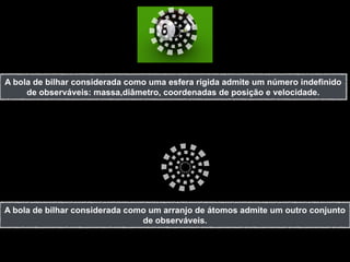A bola de bilhar considerada como uma esfera rígida admite um número indefinido
     de observáveis: massa,diâmetro, coordenadas de posição e velocidade.




A bola de bilhar considerada como um arranjo de átomos admite um outro conjunto
                                de observáveis.
 
