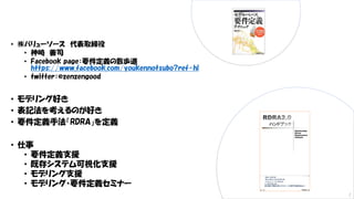 • ㈱バリューソース 代表取締役
• 神崎 善司
• Facebook page：要件定義の散歩道
https://www.facebook.com/youkennotsubo?ref=hl
• twitter：@zenzengood
• モデリング好き
• 表記法を考えるのが好き
• 要件定義手法「RDRA」を定義
• 仕事
• 要件定義支援
• 既存システム可視化支援
• モデリング支援
• モデリング・要件定義セミナー
2
 
