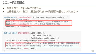このコードの問題点
● 不整合なデータをいくらでも作れる
● 仕様を追いかけるのに、複数クラスをコード参照から追っていくしかない
100
 