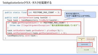 TaskApplicationSericeクラス -タスクを延期する
タスクは3回だけ、
1日ずつ延期することができる。
103
 