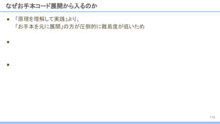● 「原理を理解して実践」より、
「お手本を元に展開」の方が圧倒的に難易度が低いため
●
●
なぜお手本コード展開から入るのか
116
 