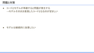 ● コードとモデルが乖離すると問題が発生する
→モデルそのまま表現したコードとなるのが望ましい
● モデルは継続的に改善したい
問題と対策
 