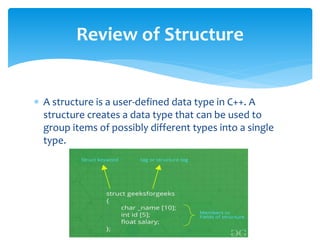 Review of Structure
 A structure is a user-defined data type in C++. A
structure creates a data type that can be used to
group items of possibly different types into a single
type.
 