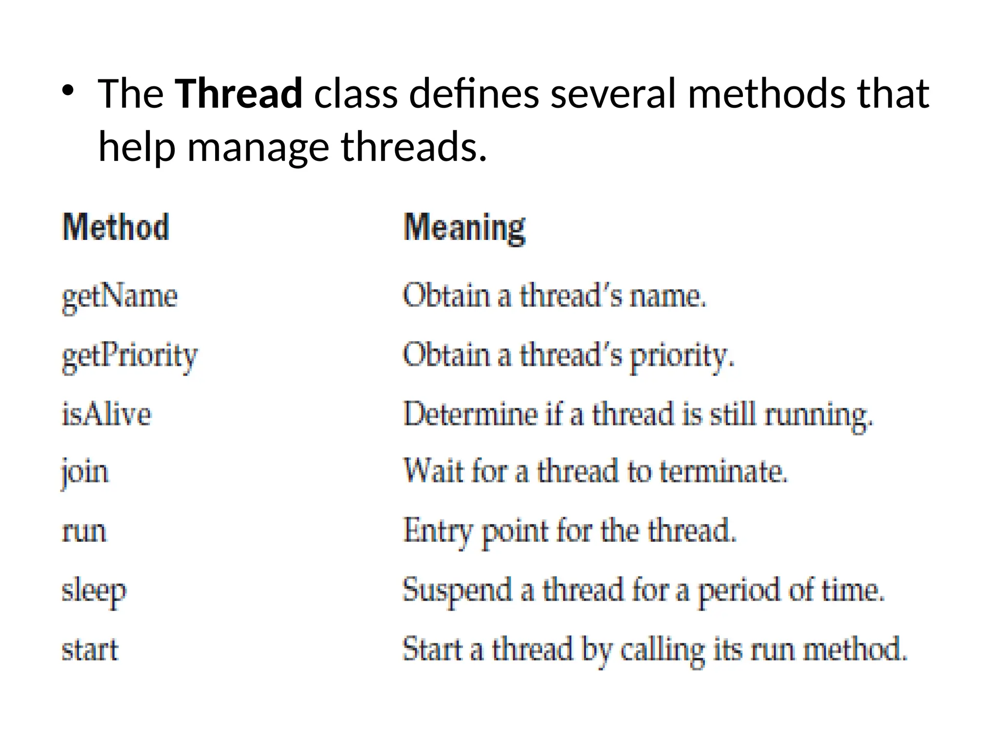 • The Thread class defines several methods that
help manage threads.
 