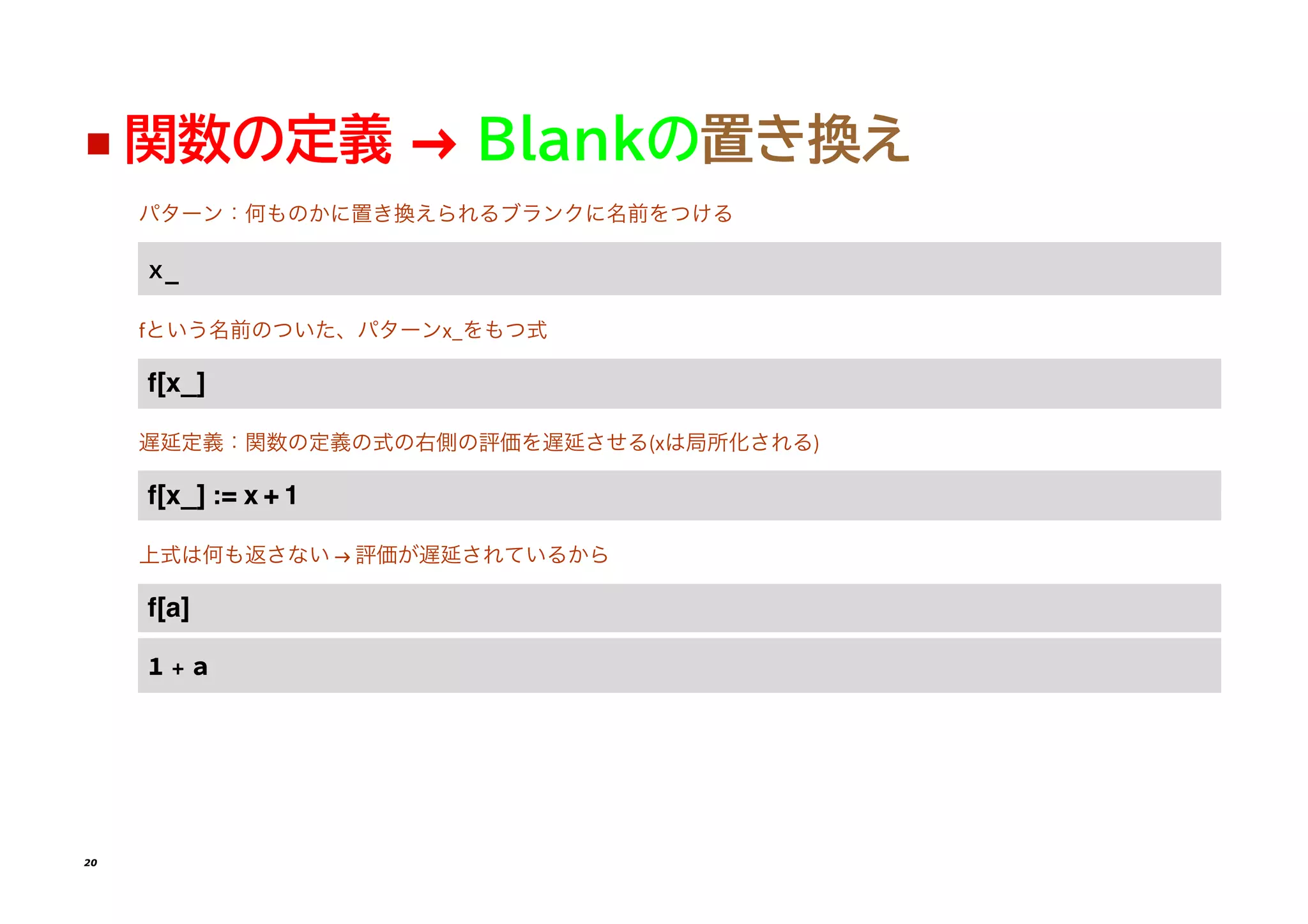 ◼ 関数の定義 → Blankの置き換え
����������������������������
x_
f��������������x_����
�[�_]
������������������������(x�������)
�[�_] �= � + �
��������� → ������������
�[�]
1 + a
20
 