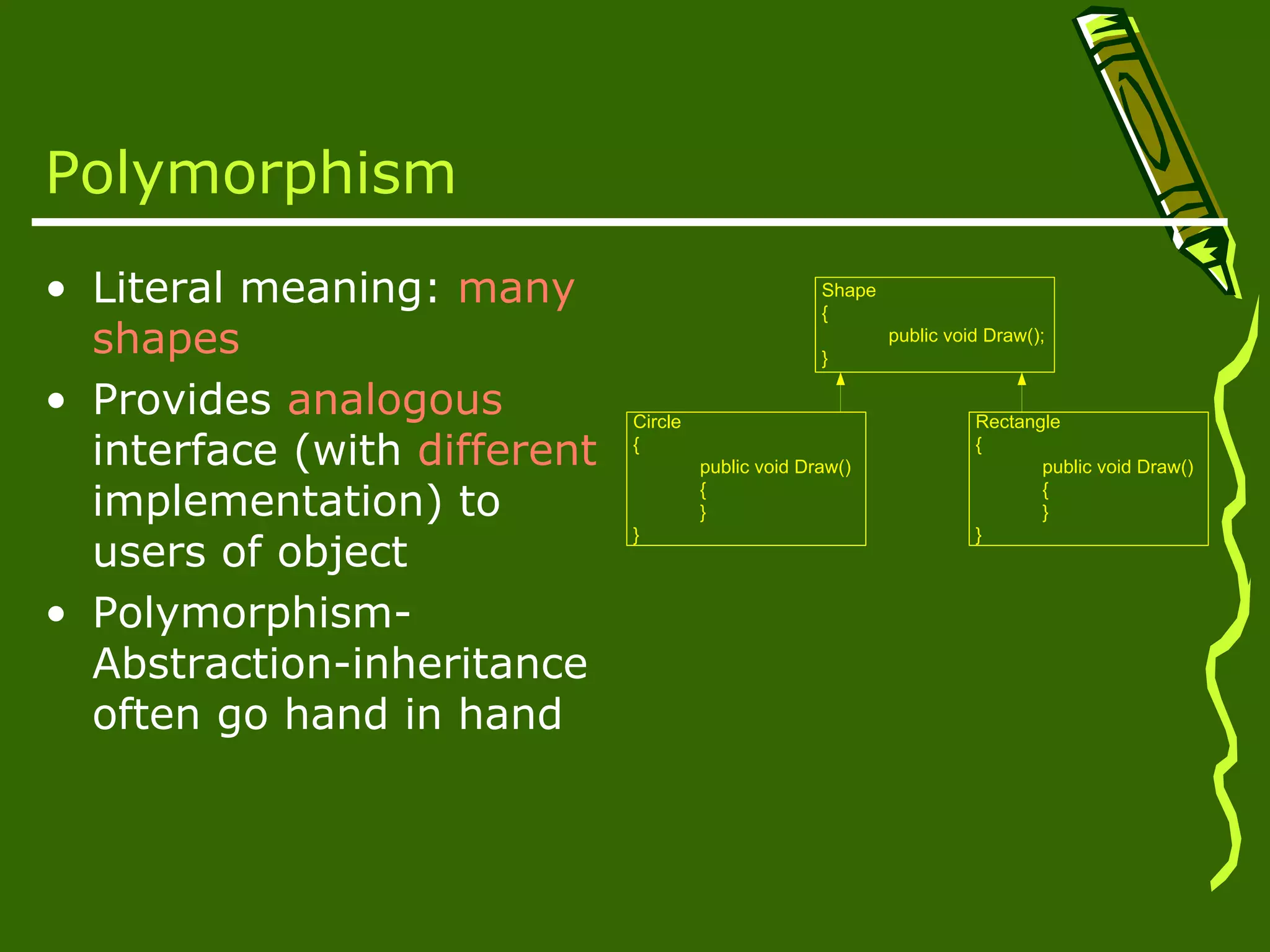 Polymorphism • Literal meaning: many Shape { shapes } public void Draw(); • Provides analogous Circle Rectangle interface (with different { public void Draw() { public void Draw() implementation) to { } { } users of object } } • Polymorphism- Abstraction-inheritance often go hand in hand 