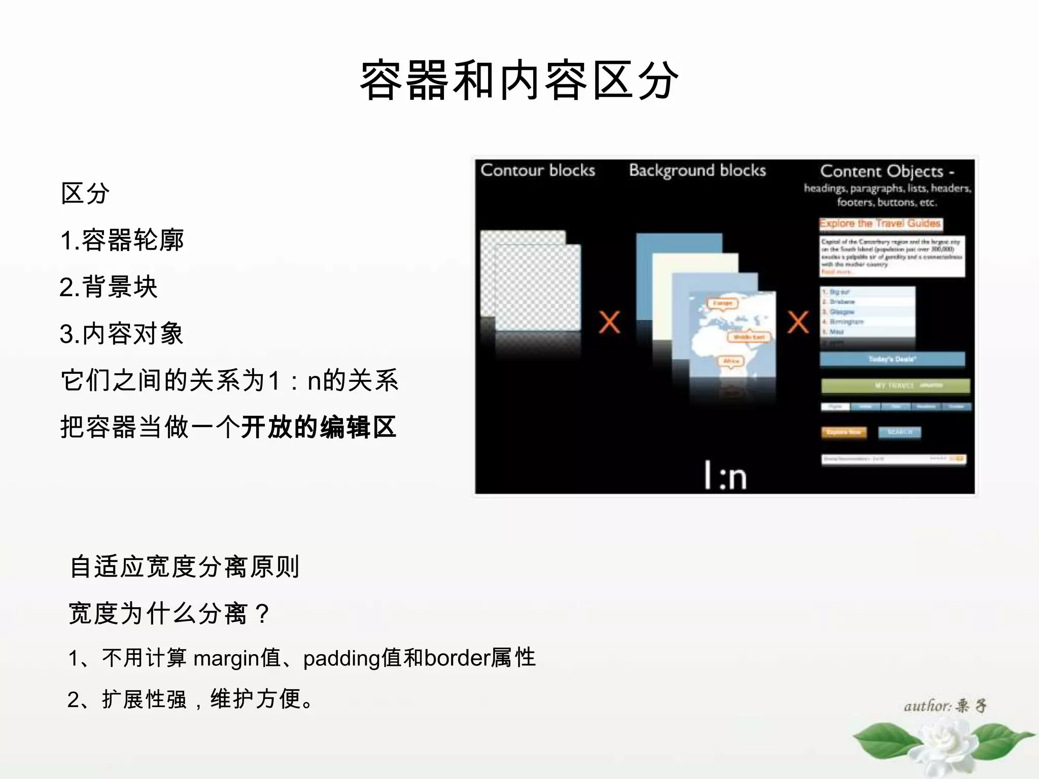 容器和内容区分区分1.容器轮廓2.背景块3.内容对象  它们之间的关系为1：n的关系把容器当做一个开放的编辑区自适应宽度分离原则宽度为什么分离？1、不用计算 margin值、padding值和border属性2、扩展性强，维护方便。