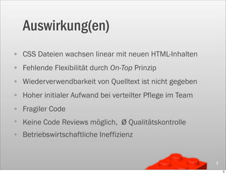 Auswirkung(en)
• CSS Dateien wachsen linear mit neuen HTML-Inhalten
• Fehlende Flexibilität durch On-Top Prinzip
• Wiederverwendbarkeit von Quelltext ist nicht gegeben
• Hoher initialer Aufwand bei verteilter Pflege im Team
• Fragiler Code
• Keine Code Reviews möglich, ø Qualitätskontrolle
• Betriebswirtschaftliche Ineffizienz


                                                          3

                                                              3
 