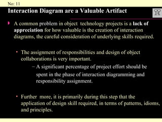 Interaction Diagram are a Valuable Artifact A common  problem  in object  technology projects is a  lack of appreciation  for how valuable is the creation of interaction diagrams, the careful consideration of underlying skills required. The assignment of responsibilities and design of object collaborations is very important. A significant percentage of project effort should be  spent in the phase of interaction diagramming and responsibility assignment. Further  more, it is primarily during this step that the application of design skill required, in terms of patterns, idioms, and principles. 