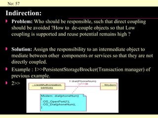 Indirection: Problem:  Who should be responsible, such that direct coupling should be avoided ?How to  de-couple objects so that Low coupling is supported and reuse potential remains high ? Solution:  Assign the responsibility to an intermediate object to mediate between other  components or services so that they are not directly coupled. Example : 1>>PersistentStorageBrocker(Transaction manager) of previous example. 2>> 
